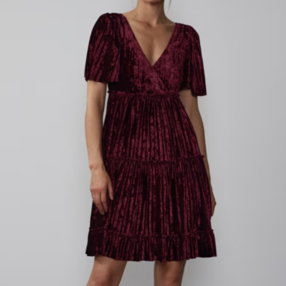 Velvet Ribbed Pleated Wrap Style Mini Dress NWT